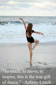 a woman in a black leotard on the beach with a quote from author