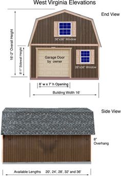 an image of a garage with measurements for the roof and side walls, along with other details