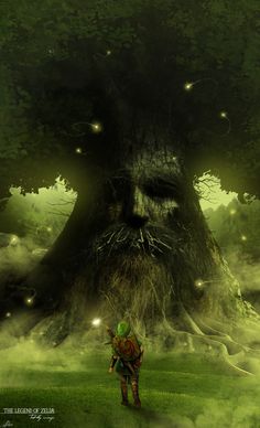 a man standing in front of a giant tree with fireflies flying around it's head