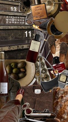 a collage of various items including wine, bread and other things