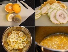 four different pictures show the process of making fruit and vegetable soup in various stages of development