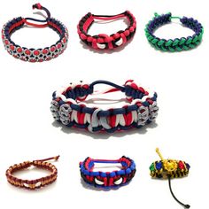 four different bracelets with various colors and designs