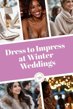 the words dress to impress at winter wedding's are in white and pink