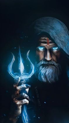 an old man with blue eyes holding a lit candle in his hand and looking at the camera