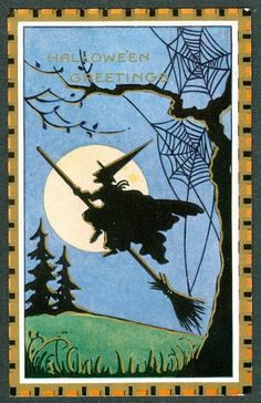 an old fashioned halloween card with a witch on a broom