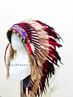 Red Feather Indian Headdress Replica This Headdress is 100% handmade from feathers. * Head circumference: 59 centimeters / 23 inches * Length : Medium * Beads color and pattern may vary each headdress WHY US? * 100% Handmade and Eco Friendly Product * Finest Quality - Each item will go through a Quality Control process before shipping. * No Markup Price * Every purchase supports Balinese Artisans - All Artisans will keep on following their passions while providing for their families. SHIPPING * Fitted Red Costume Hats And Headpieces For Festival, Red Fitted Costume Hats And Headpieces For Festivals, Red Fitted Hat For Festival, Fitted Red Festival Hat, Red Adjustable Costume Headpieces, Adjustable Red Ceremonial Headpiece, Handmade Red Costume Hats And Headpieces, Red Adjustable Festival Headpiece, Red Feathered Costume Hat