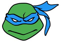 a drawing of a teenaged ninja turtle with blue hair and green eyes, wearing a mask