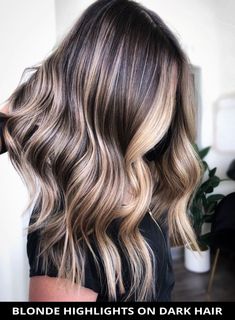 Check out this modern blonde highlights on dark hair if you need a fresh style! Click Visit to see all of these 33 trendiest ways to have dark hair with blonde highlights. // Photo Credit: @colorbymarina on Instagram Baylage Dark Brown, Blond Balayage On Brown Hair Medium Length, Chunky Balayage Brunettes, Hombre Hair Blonde Brown, Side Part Balayage, Dark Brown With Blonde Balayage, Blonde Balayage On Dark Hair Brunettes, Dark Brunette Hair With Blonde Highlights, Dark Brown Hair With Blonde Balayage