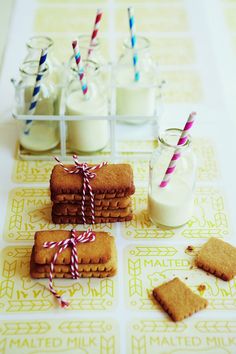 some cookies and milk on a table