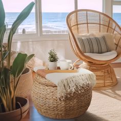 a wicker chair sitting next to a potted plant