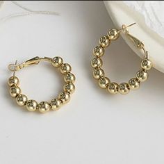 Beautiful Gold Ball Beaded Circle Hoop Earrings. Size 3.5cm In Length Width 2.8g Sterling Pin Metal Hoop Beaded Earrings, Beaded Metal Hoop Earrings, Metal Hoop Beaded Earrings For Pierced Ears, Everyday Gold Beaded Hoop Earrings, Trendy Gold Beaded Hoop Earrings, Trendy Gold Hoop Beaded Earrings, Elegant Gold Beaded Hoop Earrings, Gold Hoop Beaded Earrings For Everyday, Elegant Metal Beaded Hoop Earrings