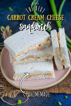 carrot cream cheese sandwich cut in half on a pink plate with the words, homemade