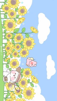 an image of sunflowers and pigs in the sky with clouds above them,