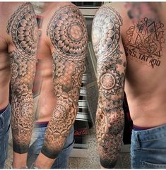 two men with tattoos on their arms and shoulder, both showing the same tattoo designs