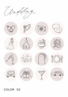 wedding icons in black and white with the words,'wedding colors'written on them