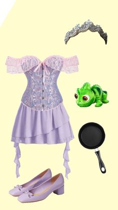 a woman's outfit with shoes and accessories including a frog, frying pan