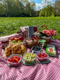 a picnic blanket with food on it in the middle of a grassy field and flowers