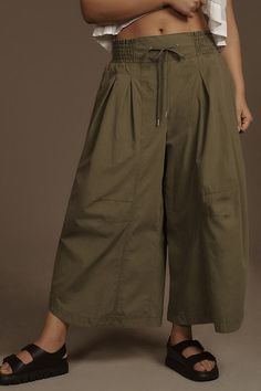 Cotton, lyocell Front slant pockets Back patch pockets Drawstring styling Machine wash Imported | Ruched Poplin Parachute Pants by Anthropologie in Green, Women's, Size: Medium, Cotton/Lyocell Spring Versatile Wide-leg Parachute Pants, Versatile Wide-leg Parachute Pants For Spring, Spring Wide-leg Bottoms In Cargo Style, Spring Wide Leg Parachute Pants With Side Pockets, Wide-leg Parachute Pants With Pockets, Spring Wide-leg Cargo Style Bottoms, Spring Cargo Style Wide-leg Bottoms, Utility Wide Leg Parachute Pants With Elastic Waistband, Wide Leg Khaki Parachute Pants For Spring