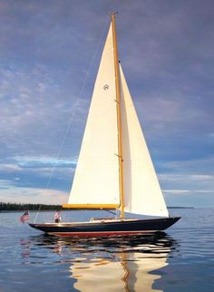 a sailboat with white sails is in the water