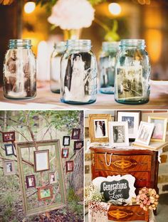 mason jars filled with pictures and framed photos