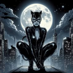 a catwoman sitting on top of a roof with the moon in the background