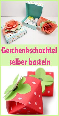 an origami strawberry box with paper flowers on the inside and in the outside