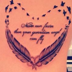 a heart shaped tattoo with birds flying around it and the words never run faster than your graduation angel can fly