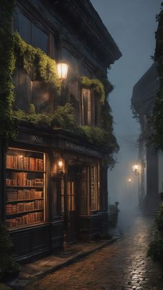 an old fashioned book store on a foggy night