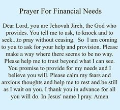 prayer for financial needs with the words dear lord, you are jehovah