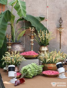 a table topped with lots of potted plants and other decorative items on top of it