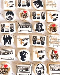 cookies decorated with the words let it out and pictures of people on them are arranged in rows