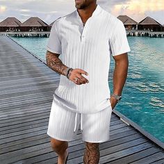 Season:Summer; Fabric:Polyester; Sleeve Length:Short Sleeve; Look After Me:Machine wash,Washable; Gender:Men's; Style:Casual,Fashion; Elasticity:Micro-elastic; Tops Type:T-shirt Suits,2 Pieces Outfits,Tee  Shorts; Occasion:Daily Wear,Going out,Vacation; Pattern:Plain; Design:2 Piece; Neckline:Henley; Listing Date:06/25/2024; Bust:; Length [Bottom]:; Length [Top]:; Shoulder Width:; Sleeve:; Waist: Shorts Outfits For Men, Mens Suits Summer, Shirts And Shorts, Beach Suit, Button Style, Pant Length, Casual Stripes, Suit Fashion, Drop Shipping