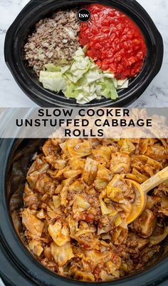 slow cooker unstufled cabbage rolls with text overlay that says slow cooker unstufled cabbage rolls