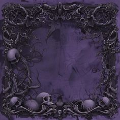 an artistic photo frame with skulls and vines on the edges, against a purple background