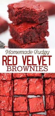 red velvet brownies stacked on top of each other with the words homemade fudgey in