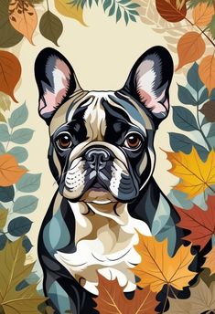 a black and white french bulldog surrounded by leaves on a beige background with autumn colors