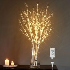 a lighted tree in a vase next to a lit candle