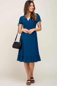 Navy Cinched Sleeve Maternity Midi Dress – PinkBlush Modest Maternity Dress With Short Sleeves, Ruched V-neck Maternity Dress, Modest Short Sleeve Maternity Dress For Summer, Summer Maternity Dress With Nursing Friendly Short Sleeves, Solid Color Ruched Midi Dress With Flutter Sleeves, Spring Maternity Midi Dress With Short Sleeves, Maternity Short Sleeve Ruched Dress, Maternity Ruched Dress With Short Sleeves, Solid Color Short Sleeve Maternity Dress For Summer