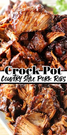 crock pot country style pork ribs with bbq sauce on top and in the middle