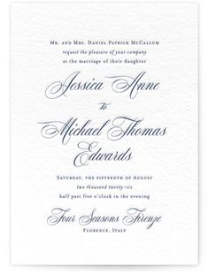 an elegant wedding card with the wording in blue ink on white paper and black lettering