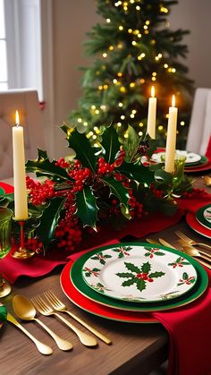 a christmas table setting with holly and candles