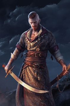 a man holding two swords in front of a dark sky with clouds and lightning behind him