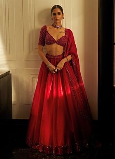 Ruby Red Crystal And Sequin Embroidered Organza Lehenga Set Vvani By Vani Vats - Fabilicious Fashion Ethereal Elegance, Lehenga Dupatta, Crystal Embroidery, Wedding Festivities, Vacuum Storage, Red Lehenga, Indian Wedding Wear, Embroidered Organza