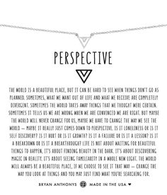 a necklace with the words perspective written in black ink on it and an image of a triangle