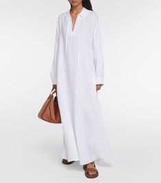 Linen Midi Dress in White - Asceno | Mytheresa Chic Linen Dress For Daywear, Elegant Linen Dress For Daywear, Elegant Linen Midi Dress For The Beach, Elegant Linen Maxi Dress For Beach, Linen Maxi Dress For Spring, Spring Maxi Linen Dress, Chic White Linen Maxi Dress, White Linen Midi Length Dress, White Linen Midi Dress For Daywear