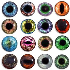 an assortment of different colored eyeballs on a white background, with one showing the iris