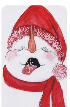 a drawing of a snowman's face wearing a red hat, scarf and mittens