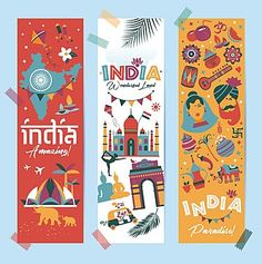 three bookmarks with india symbols on them and the words india written in different languages