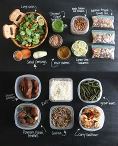 an image of different food items on a blackboard with words describing the ingredients and how to cook them