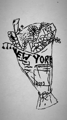 a black and white drawing of a vase with flowers in it that says new york